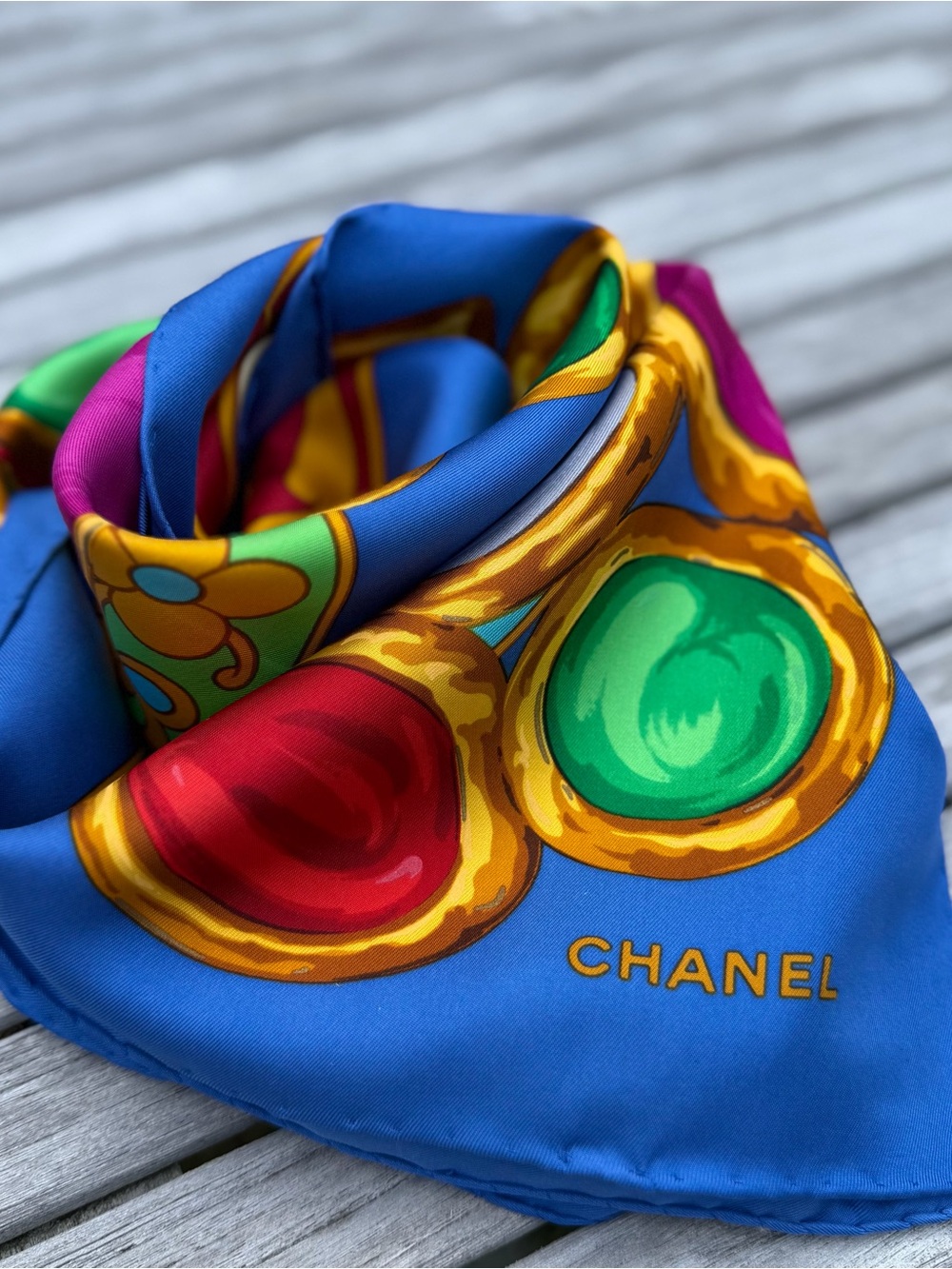 CHANEL vintage 1990’s Cripoix Glass Jewelry motif Silk Scarf 38”x38”